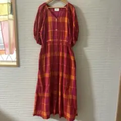 シップスエニィ★カラーチェックVネックフレアワンピース23SSオレンジo2502