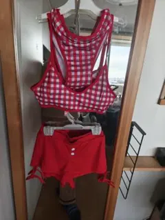 赤と白のチェック柄セパレート水着F