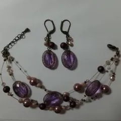 レディース　ブレスレット&ピアス　アクセサリー　ハンドメイド　紫　スワロフスキー