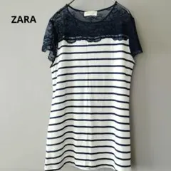 ZARAレース袖 Tシャツ半袖フレアスリーブボーダーМチュニックのサムネイル