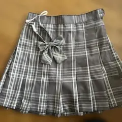 WEGO グレー系チェック プリーツミニスカート リボン付き