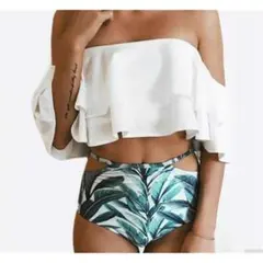 ボタニカル水着　タンキニ　シダ柄　フリル　チューブトップ