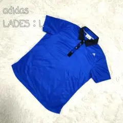 【美品】adidas レディースL ポロシャツ 青×黒襟 スポーツやカジュアル