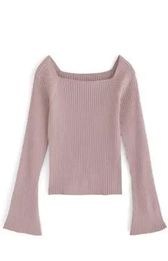 ピンク リブ編み スクエアネック 長袖ニット