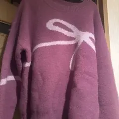 リボン模様 パープル 長袖ニットセーター