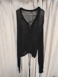 メッシュ Vネック 長袖カーディガン 黒