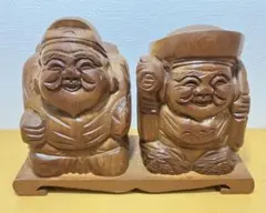 木彫り 恵比寿 大黒天 二柱 台座付き 七福神 縁起物 置物