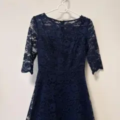 ネイビー フラワーレース 七分袖ワンピース