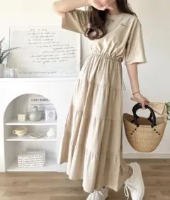 classicalelf 綿100%胸刺繍ドロストティアードワンピース