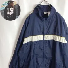 US古着 ナイロンジャケット ボーダー シンプル ネイビー 紺 白色２XL