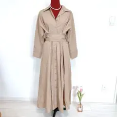 【新品♡Mタグ付】ベージュ シャツワンピース 長袖 ウエストタック　リボン付き
