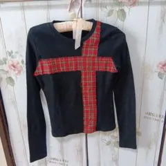 セシル　マクビー　赤チェック柄　クロスデザイン　長袖　トップス　黒　S