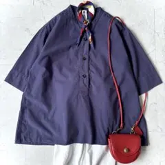 近年 MHL. 3→L コットン バンドカラー プルオーバー 半袖 シャツ 紫のサムネイル