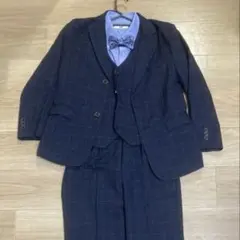 ネイビーチェック柄 スーツ　ベスト、蝶ネクタイ付　170 フォーマル　男の子