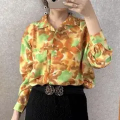ヴィンテージ レトロ古着 水彩柄オーバーブラウス イエロー×茶系 迷彩風