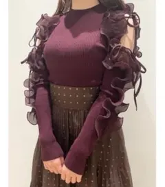 SNIDEL フリルスリーブニットプルオーバー　バーガンディ