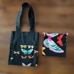 ハンドメイド　トートバッグ　巾着付き　蝶柄