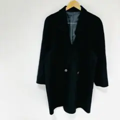 ラム混ロングダブルチェスターコート　フリーサイズ　黒ブラック　シンプル　背抜き