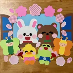 春の壁面飾り♪桜と窓からのぞく動物　うさぎ　くま　かえる　ひよこ　4月　入園進級