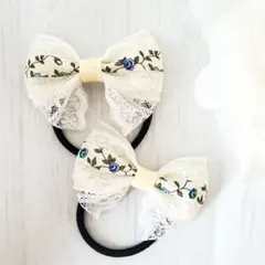 〔ブルー〕花柄レースリボンのキッズヘアゴム／子供 髪ゴム／ハンドメイド