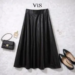 【美品】ViS キルティング フレアスカート ブラック S フェイクレザー