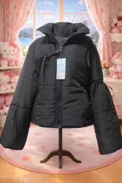 新品タグ付き大きいサイズL ブラック パファージャケット リボン付き中綿入り管N