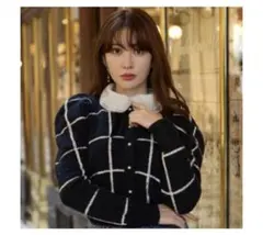 Her lip to チェックニットカーディガン 襟付き ブラック M