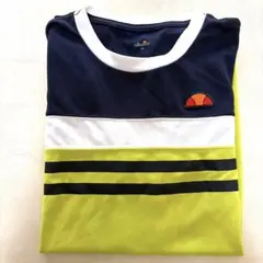ellesse ストライプ メンズTシャツ Mサイズ ネイビー/ライムグリーン