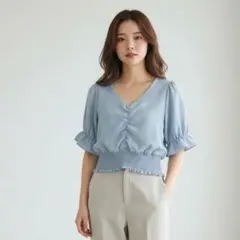 from. 102✨️シフォンブラウス 青 韓国 ギャザー袖 半袖ブラウス