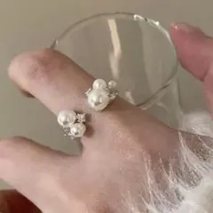 ダイヤ×パールオープンリング　シルバー　韓国　925 結婚式　フリーサイズ