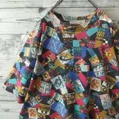 お洒落デザイン☆90s 花柄 楽器 レトロ 総柄 デザイン Ｔシャツ 3L相当