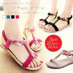 【❤超大人気商品❤】花柄アンクルストラップサンダル、ぺたんこ