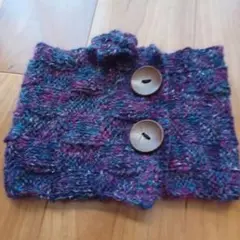 紫ウール毛糸のスヌードお花付き　ハンドメイド