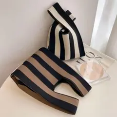 ▲ニットトート ミニバッグ サブバッグ エコバッグ ニット素材 ストライプ070