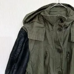 美品✨️APT.9 フェイクレザースリーブ 切替ミリタリーロングコート フード付き