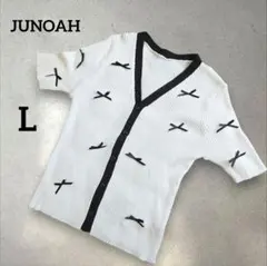 【未使用】ジュノア/JUNOAH　半袖カーディガン　ニット　リボン　L　白　黒のサムネイル
