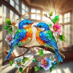 小鳥　2羽　アクリル　オーナメントステンドグラス風 飾りウォールデコ　壁掛け