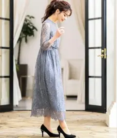 【niana】オールレースロング結婚式ワンピースドレス ブルーグレー Mサイズ