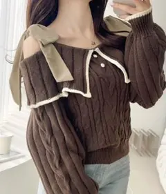 ブラウンオフショルダーリボンニットセーター Lサイズ