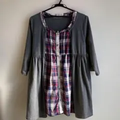 グレー・チェック柄チュニック・五分袖 重ね着風 サイズ3L