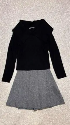 リブ編みニット 長袖　ブラック　ミニスカート　セット