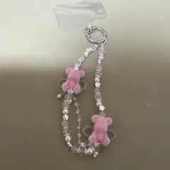 最終値下げピンククマの天然石携帯ストラップ　新品