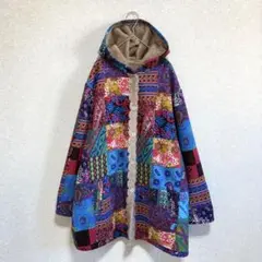 パッチワーク裏ボアコート フード付き 薄手 カラフル 4L