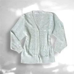 Vintage レース編みカーディガン ミント リブ ロング 古着 レトロ