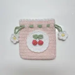 かぎ編み　ポーチ　ミニ巾着　巾着袋　ハンドメイド　さくらんぼ　ピンク