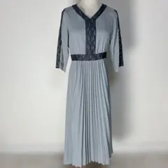 niana Vネックレース切替プリーツパーティードレス グレー L 結婚式