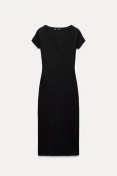 【ZARA】Vネック リブ編み ミディ丈 ワンピース ブラック