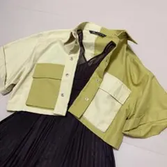 【SALE】ZARA バイカラー　パッチワーク　クロップドシャツ 半袖のサムネイル