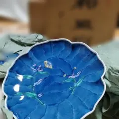 青色花柄陶器皿5枚セット