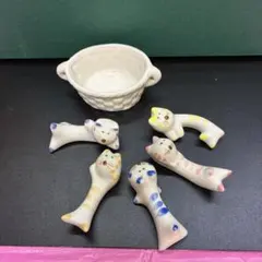 陶器バスケット付き　猫箸置き5個セット　未使用